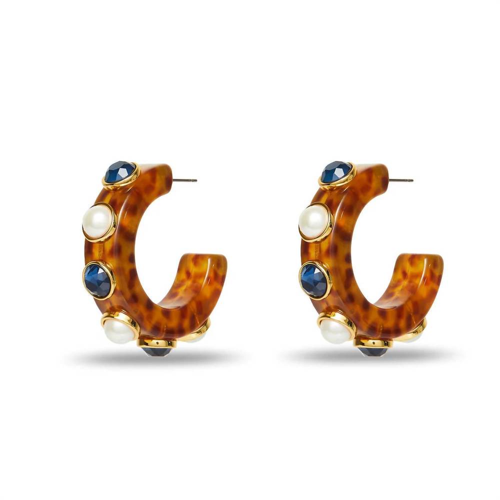 Lele Sadoughi Tortoiseshell Hoop Earrings with Blue Stones and Pearls